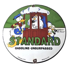 Vintage Standard Gasoline Sign - Porcelain Walt Disney Gas Oil Pump Plate Sign
