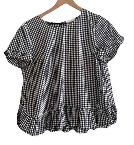 Sézane Blue/White Gingham Cotton Button Back Ruffle Hem Blouse Size 38/8/M