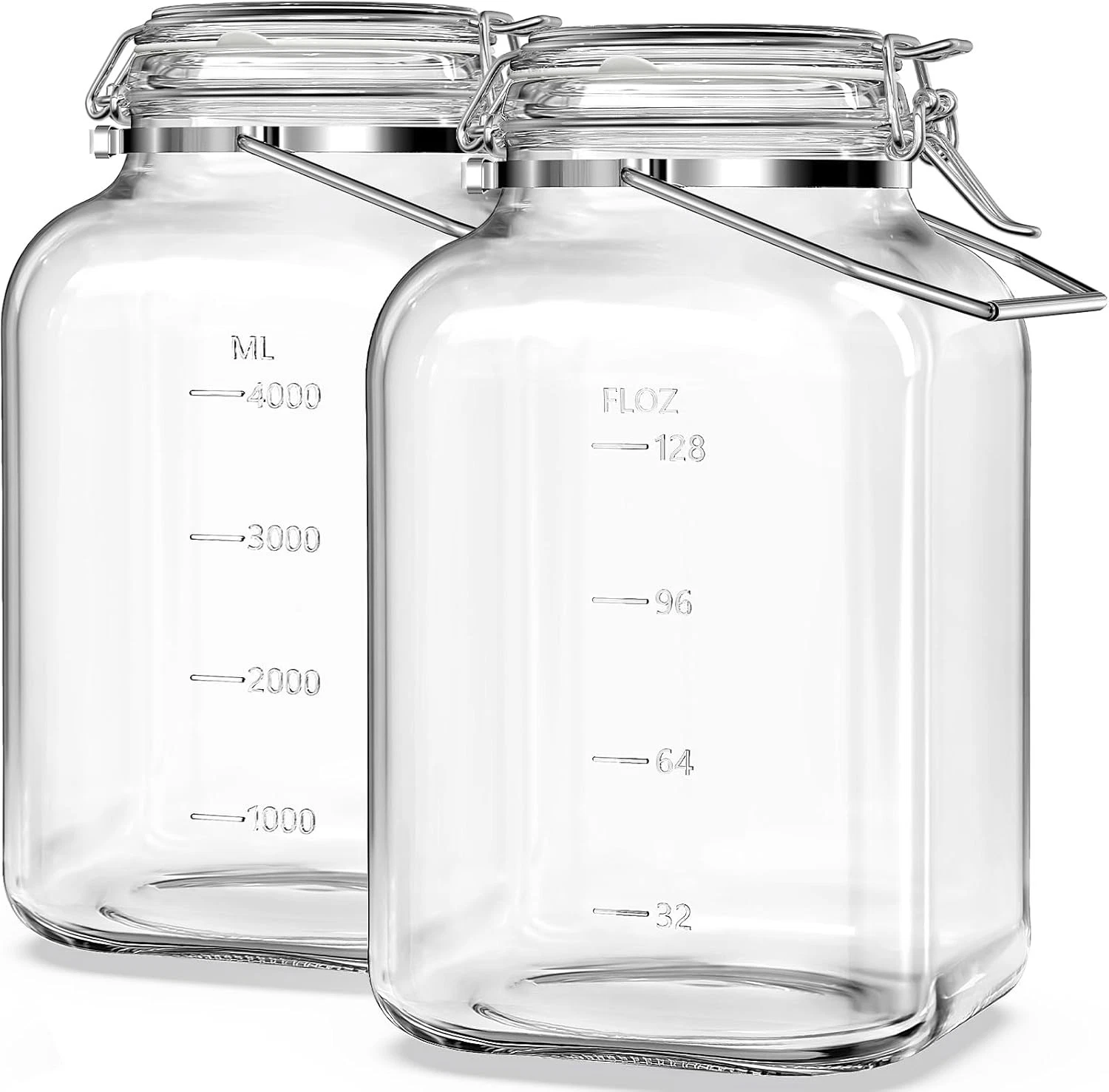 Folinstall 2 Pack 1.5 Gallon Glass Jar with Airtight Lid, 192 oz Square clear