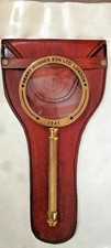 Antique Vintage Brass Desk Magnifier Magnifying Glass Leather Case Magnifier
