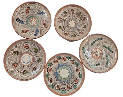 Set of 5 Horezu Romania Clay Pottery Plates 6'' Round Hand Painted Artisan Signed