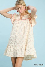 Umgee Ivory Pink Bow Print Babydoll Dress V Neck Ruffle Flutter Sleeves