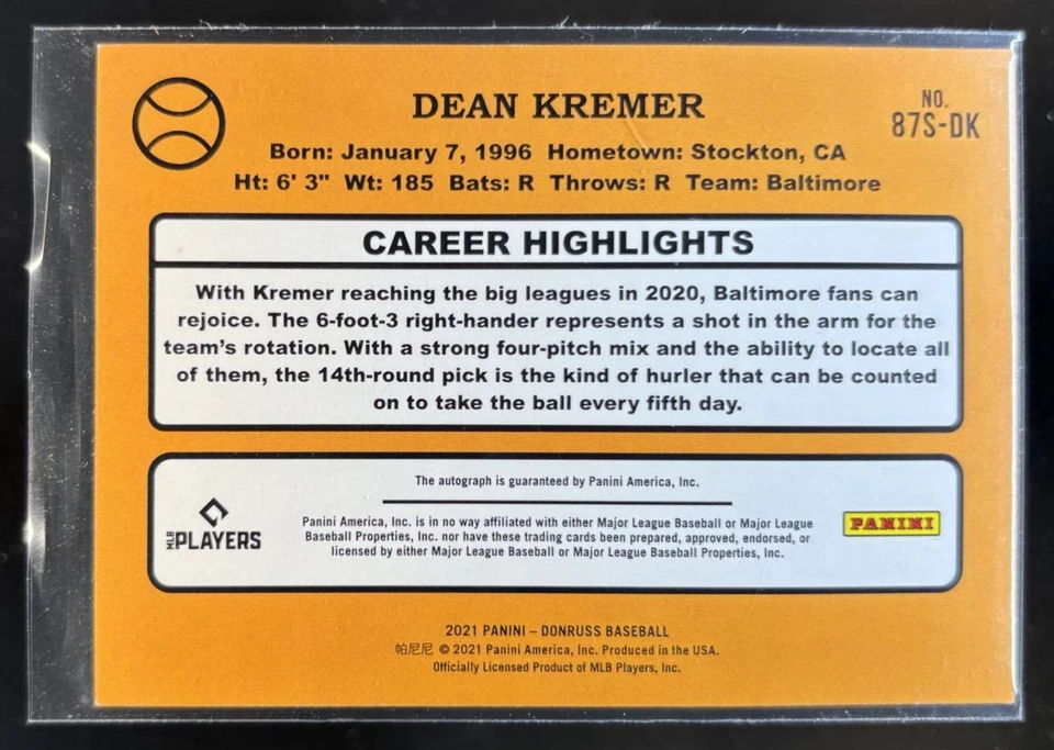 2021 Donruss Dean Kremer Retro 1987 Signatures #87S-DK Auto RC Baltimore Orioles - Image 2 of 4