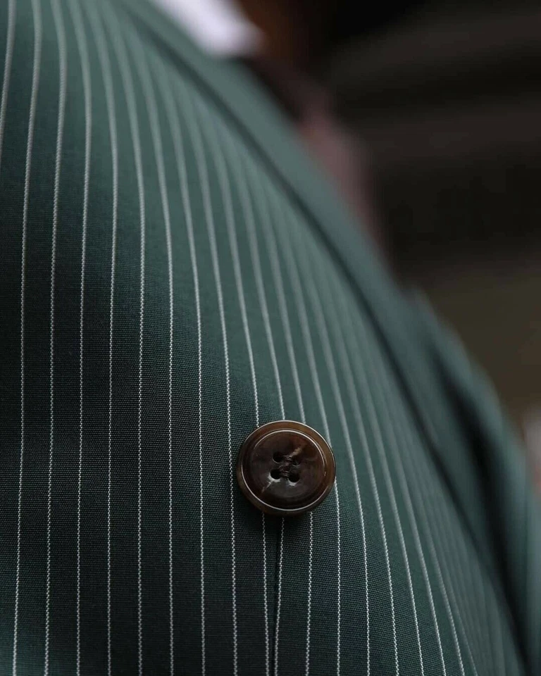 Green Pinstripe Men Suits Peak Lapel Double-Breasted Tuxedos Wedding Prom Blazer - Image 3 of 4