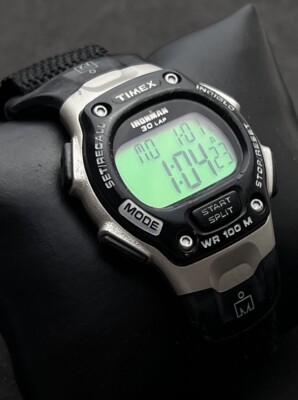 Vintage New 2003 TIMEX Ironman 30 Lap Men s 40mm Digital Watch Black Silver