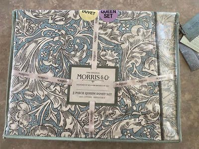 NEW William Morris 3 Pc Queen Duvet Set French Blue - Reversible