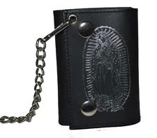 Leatherboss Genuine Leather Men "Virgin Mary" Trifold Wallet Chain Biker, Black