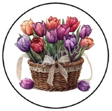 BASKET OF TULIPS ENVELOPE SEALS LABELS STICKERS PARTY FAVORS