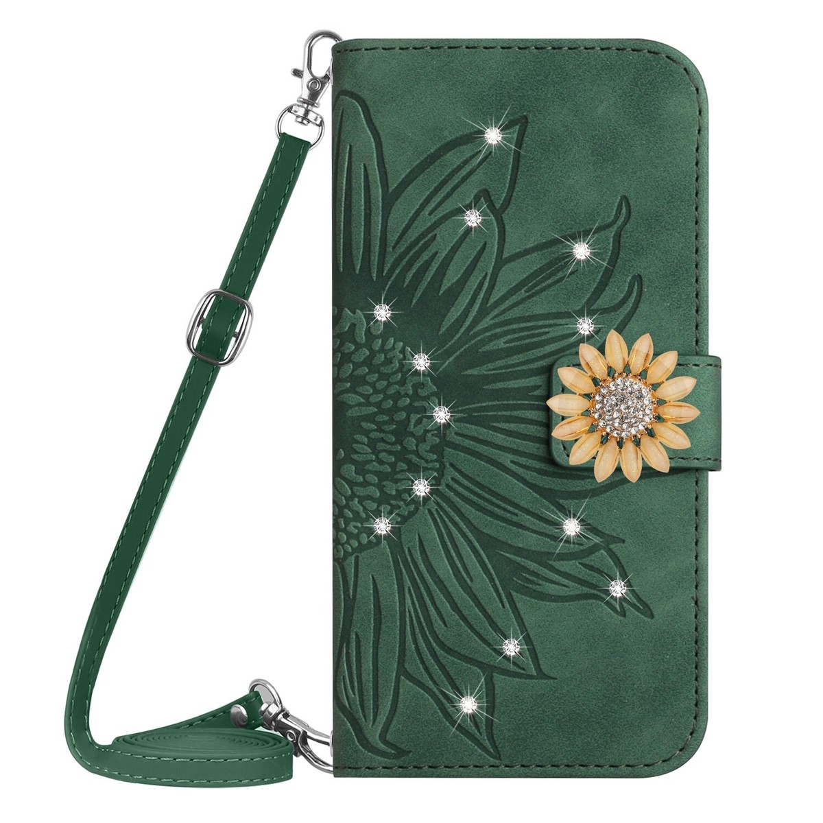 Diamond Sunflower Crossbody Flip Card Wallet Case Cover Holder For