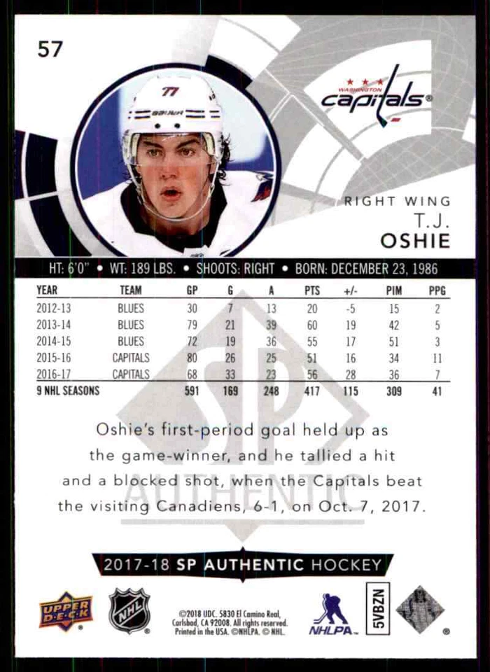 2017-18 Upper Deck SP Authentic T.J. Oshie #57 - Image 2 of 2
