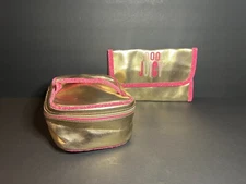 Sooo Juicy Couture 2pc Gold & Pink Glitter Cosmetic Makeup Brush Tote Bag Set
