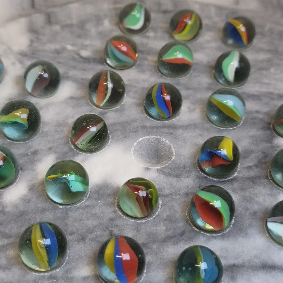 Marble Solitaire Board Game Gray Stone w/ 33 Glass Swirl Marbles Vintage Style - Image 3 of 4