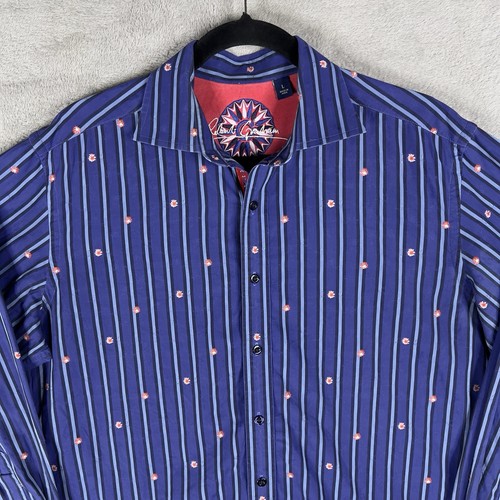 Robert Graham Hibiscus Flower Flip Cuff Button Up Shirt Men's Large Blue Striped - Picture 2 of 14