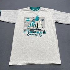 Vintage Ocean City Shirt Mens Large Gray Ringer Sailboat Graphic Made USA 90s