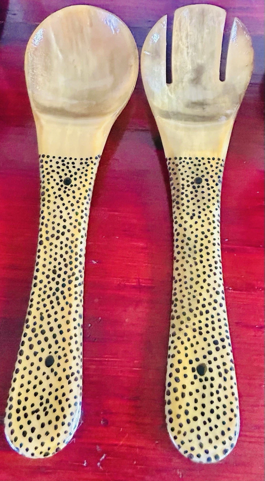Large Vintage Buffalo Horn Salad Servers Polka Dot Pattern 11” Spoon And Fork