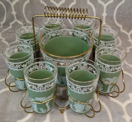 VTG MCM Jeanette Glass Greek Hellenic Green 8 Tumblers w/ Ice Bucket & Carrier