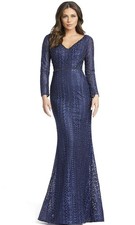 Mac Duggal Midnight Blue Embroidered Beaded Long Sleeve V-Neck Gown Size 24 598