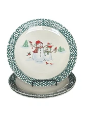 Thomson Pottery Winterland Green Holiday Snowman Dinner Plates 10 1/4" Set of 3