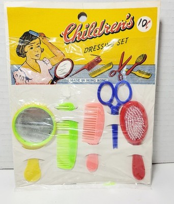 NEW Vintage Baby Doll Child Dressing Beauty Set Brush, Comb & Mirror Hong Kong 