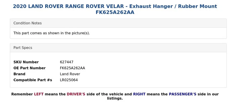 Land Rover Range Rover Velar 2020 - suspensión de escape/montaje de goma FK625A262AA Foto 3 de 4