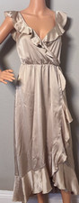 Satin Wrap Dress Women XS Champagne Ruffle High Low Maxi Romantic Wedding Guest