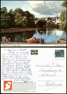 Postcard Donegal Ortsansicht mit Flusslauf und Motorboot 1975