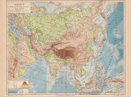 ASIEN Flüsse Gebirge physikalische LANDKARTE 1888 | eBay