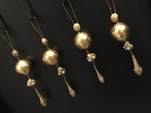 SET of 4 GOLD COLOUR CHRISTMAS TREE ORNAMENTS WITH PEARL TRIM.
