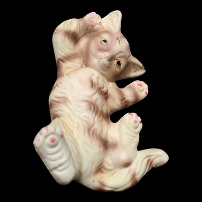 Tabby Cat Kitten On Back Brown Stripe Playful 4'' Ceramic Vtg Pink Toe Nails 1984