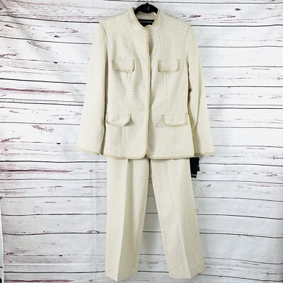 Stanley Blacker 2PC Pant Suit Women s 10 Beige Blazer Button Houndstooth NWT