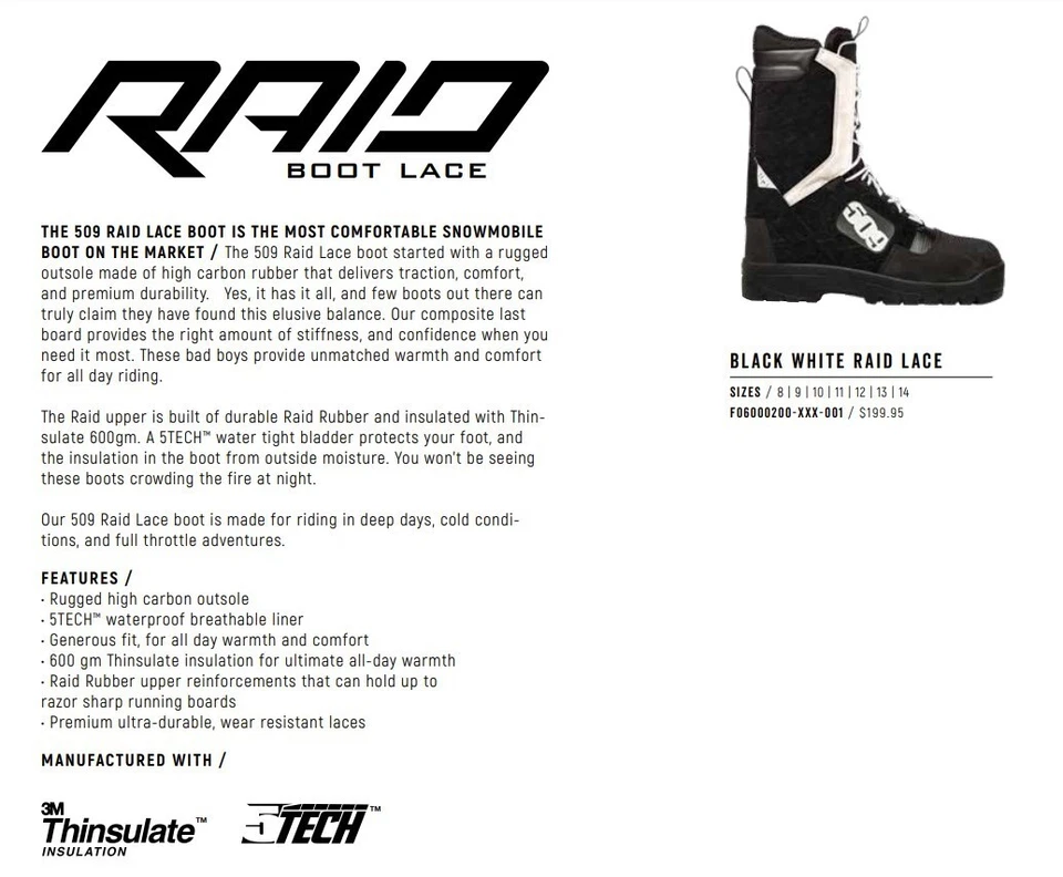 全新 509 Raid 系带雪地摩托靴,冬季,暖色,黑白,男式 9 码 — 第 2/4 张图片