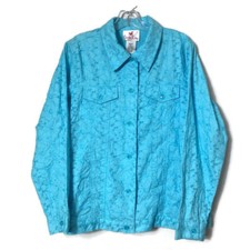 Quacker Factory Womens M Blue Blazer Jacket Beaded Embroidered Floral Button Up