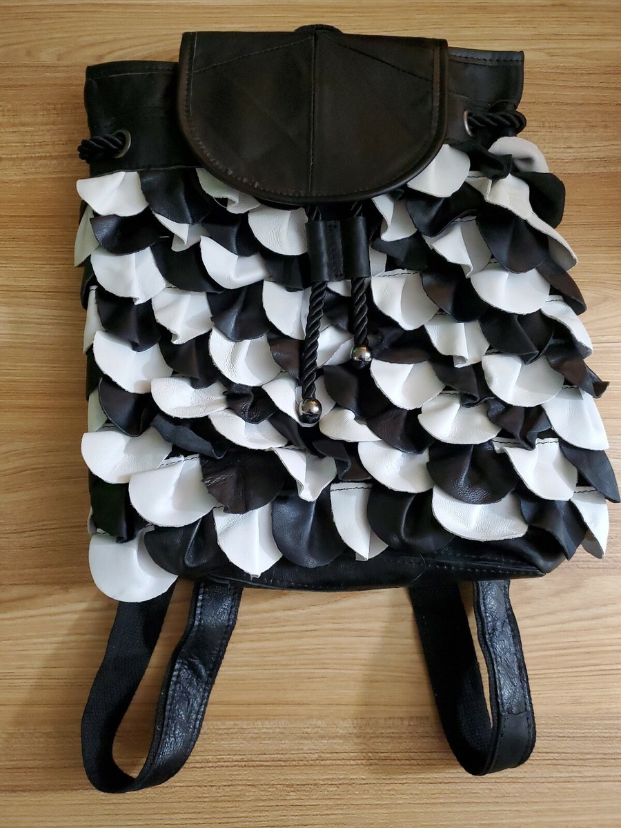 Black & White Diamond Patchwork Backpack Patchwork Cowhide Mini Backpack Hair-On Leather | JacketSuiting main image 3