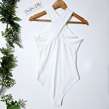 White Ribbed Halter Bodysuit Criss Cross Neck Sleeveless Summer Basic Layering