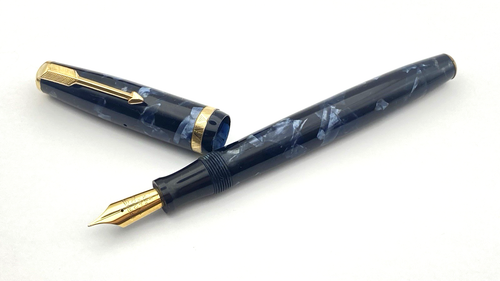 VINTAGE PARKER NS DUOFOLD FOUNTAIN PEN IN BLUE MARBLE 14K MEDIUM NIB ENGLAND