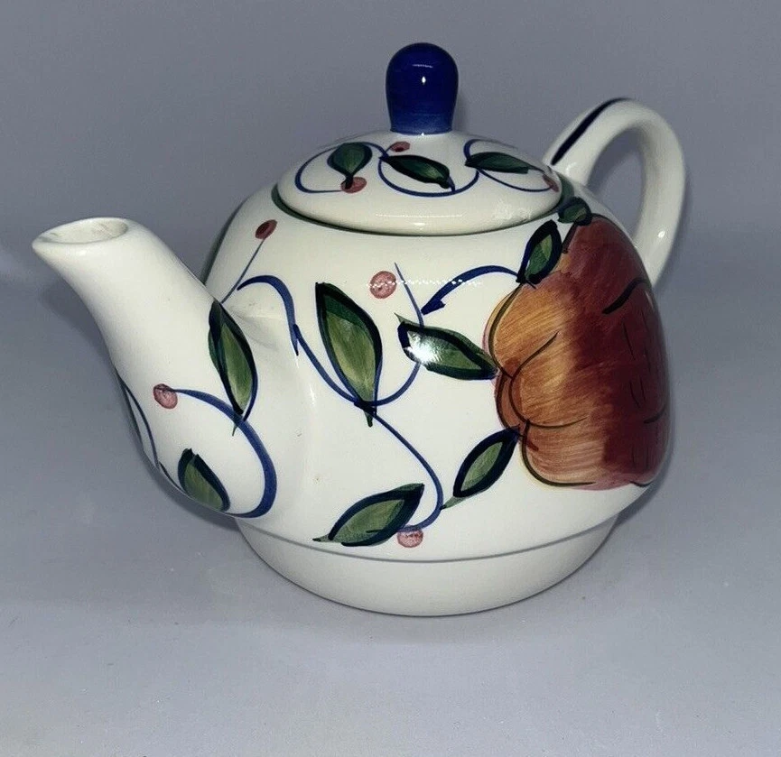 Teapot Zrike 3pc Hand Painted Fruits and Flowers EUC - Image 3 of 4