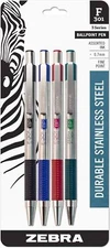 Zebra F301 Retractable Ballpoint Pen 4 Pack Black Blue Red Green 0.7Mm Fine P...