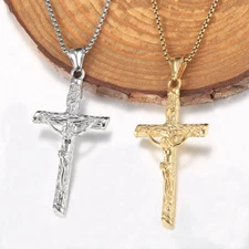 Gold Plated/Silver Stainless Steel Jesus Christ Crucifix Cross Pendant Necklace