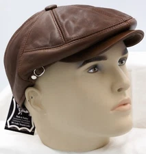 CAMEL 100% LEATHER Men Gatsby Cap Newsboy Ivy Hat Golf Driving Flat NWT S-3XL
