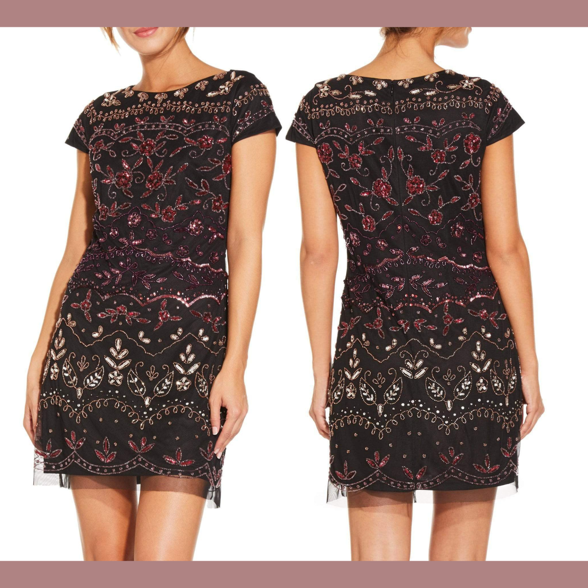 adrianna papell women's beaded cap-sleeve sheath dress NWT [ 16 ] Embellish Bateau Mesh Black G1149 Size:Father XL this dress features a silk elastic satin Canyon Gown - Cloud