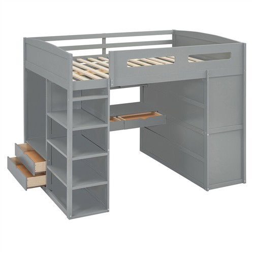 Full Size Solid Wood Loft Bed w/Desk,Wardrobes,4 Drawers & Storage Shelves-Gray - Picture 12 of 23