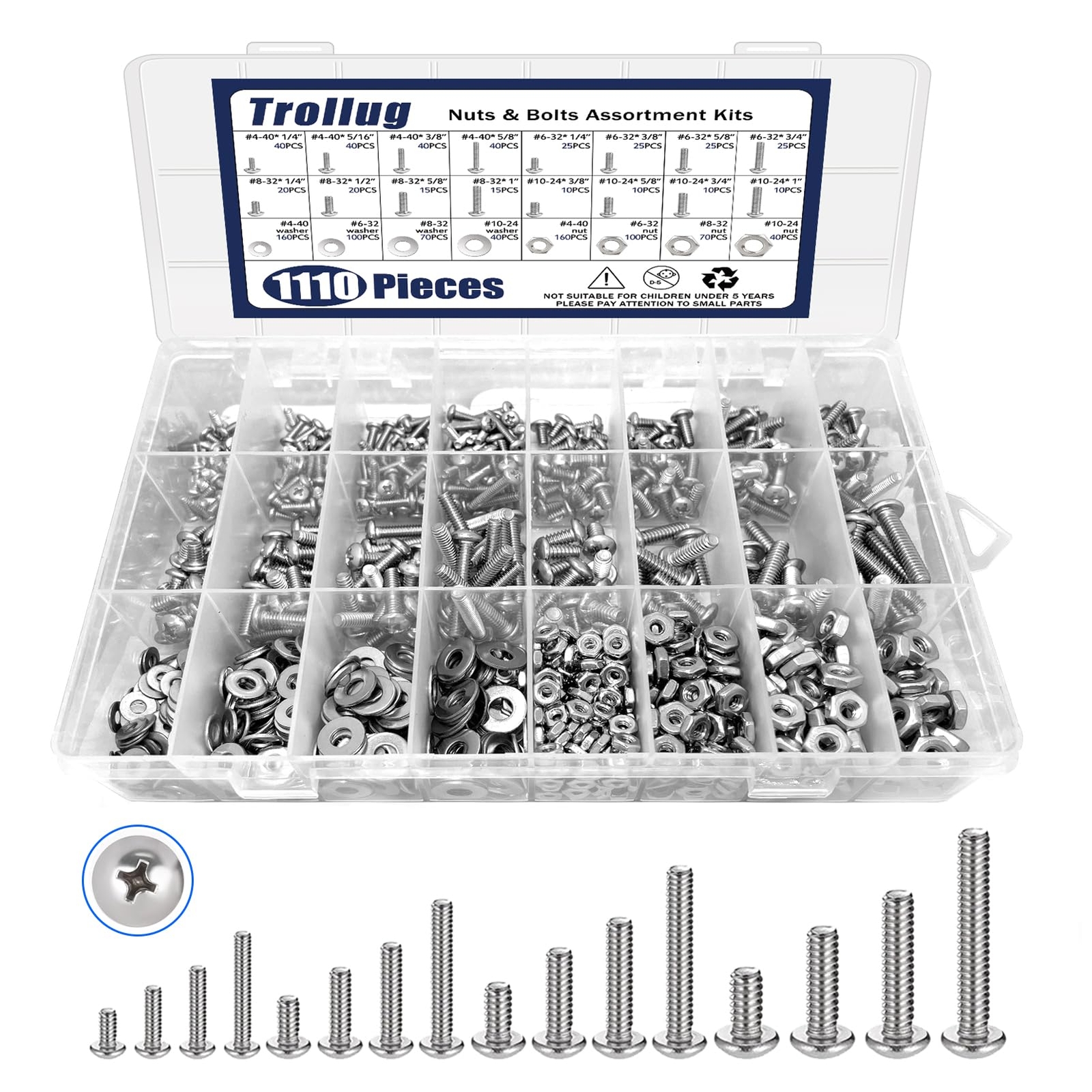1110PCS Nuts Bolts Assortment Kit Stainless Steel Hardware Assortment Kit with A