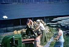 Orig Post War Era MEN Splitting Wood with JOHN DEERE Tractor Kodachrome SLIDE