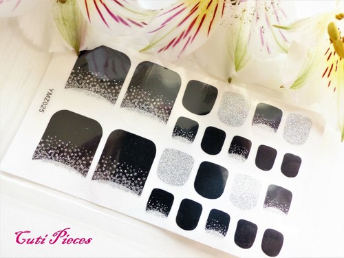 Nail Art Self Adhesive Full Toe Polish Wrap Stickers Black Silver Glitter T025 - Imagen 3 de 3