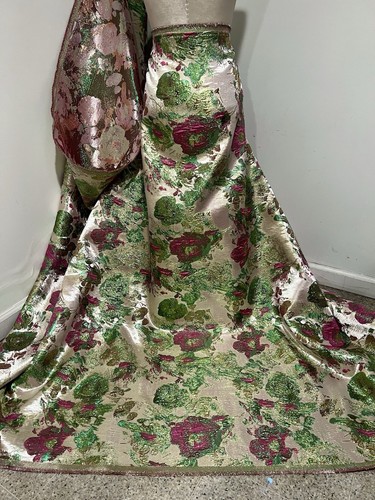 Green Gold Ivory Pink Floral Metallic Brocade Fabric 58” Width Sold By The Yard
