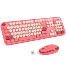 Wireless Keyboard Mouse Combo Red 2.4G Full Size Round Keycap USB Plug Play