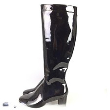 Women's Shoes Round Toe Mid Heel Knee Boots Full Zipper Black Patent Block heel