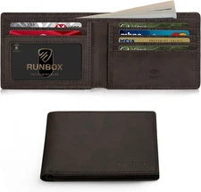 RUNBOX Wallet for Men Slim Leather Bifold RFID Bicolor Crazy Horse Coffee 