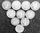 Lot of 10 circulated Barber Quarter Dollars 90% Silvet 1892-1915