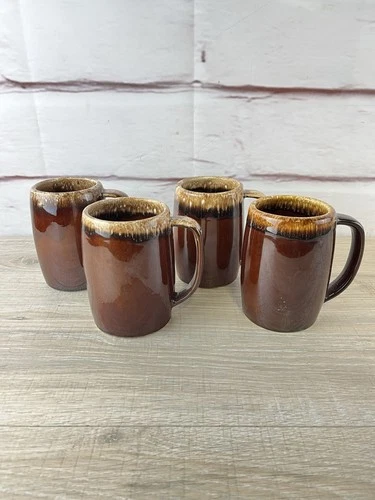 Vtg HULL Pottery USA BROWN DRIP GLAZE Coffee Cups Beer Mugs 16oz 5” tall Set-4